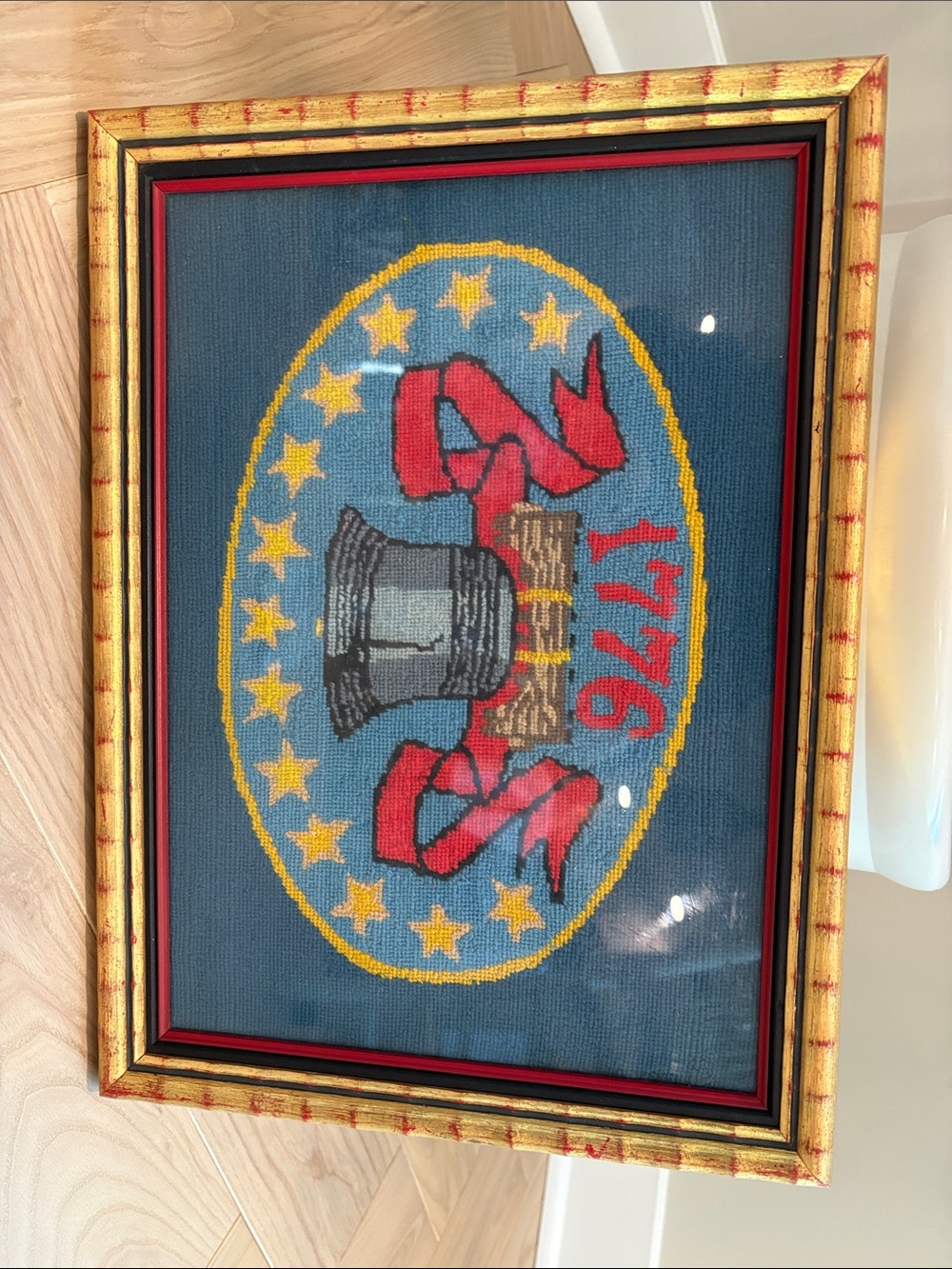 Framed Needlepoint with Liberty Bell and 1776 - Blue, Red, Yellow